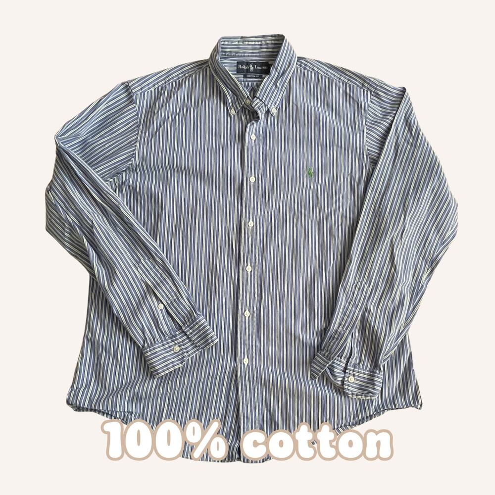 RALPH LAUREN dress shirt button up stripes XL custom fit green blue cotton